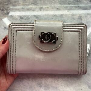 CHANEL Silver Patent Leather Boy Wallet